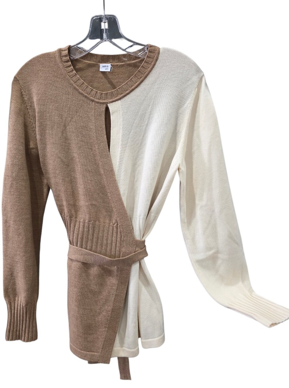 Akris Punto Colorblock Virgin Wool Wrap Sweater in Malt and Cream  Size 10